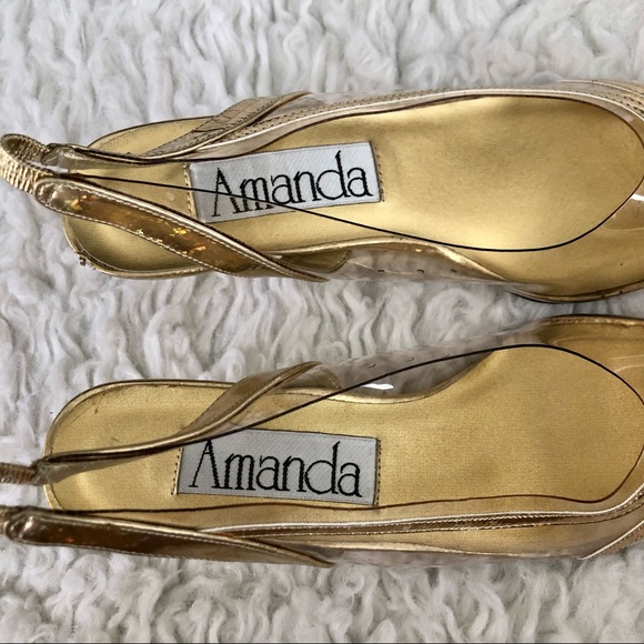 Vintage Amanda gold & clear sling back heels, 8M - Picture 3 of 9